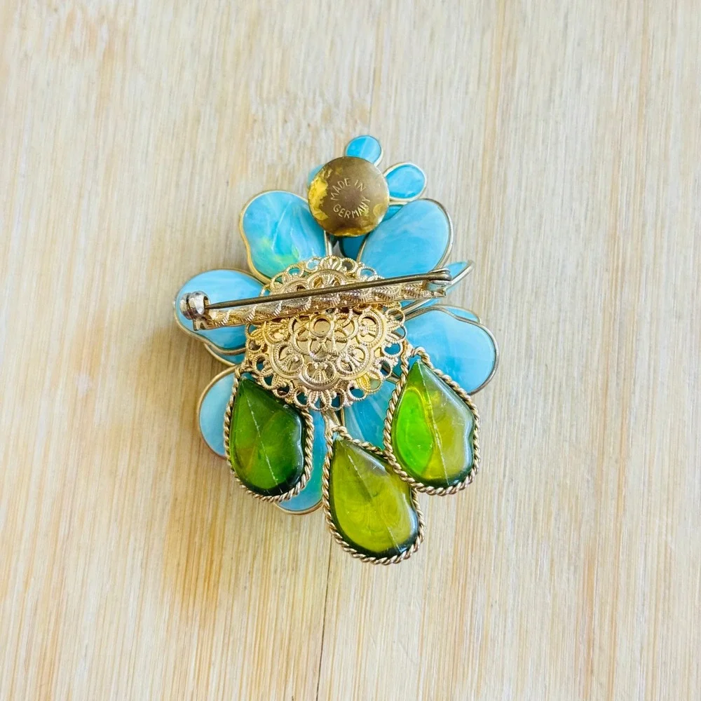 VTG Estate W. Germany Pin Brooch Blue Flower Rhinestone Celluloid Large Signed
